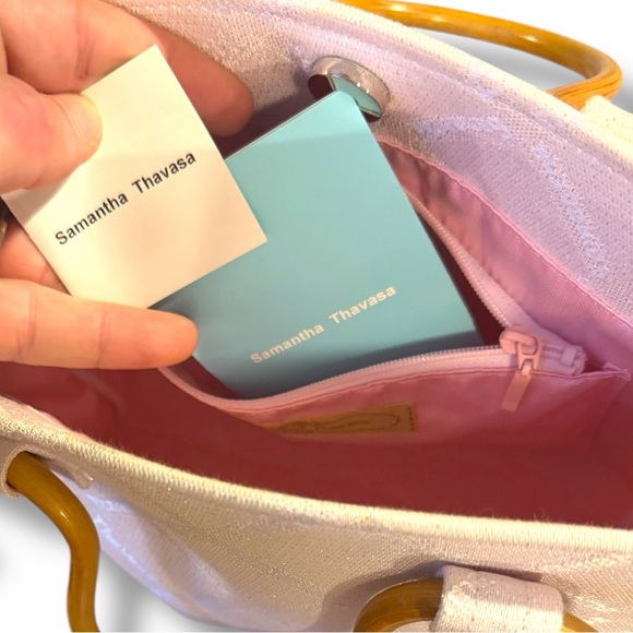 Samantha Thavasa Pink Logo Jacquard Bamboo Handle Tote Bag Whipstitch - Picture 3 of 5